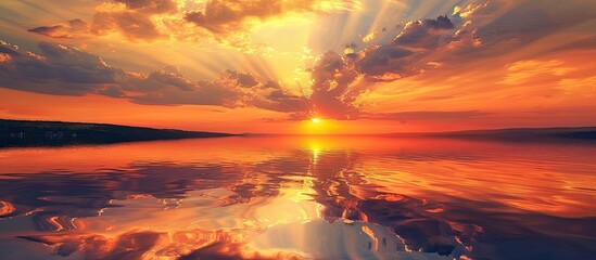 Wall Mural - Sunset reflecting on a lake with an orange sky seen from above in a captivating view with copy space image available