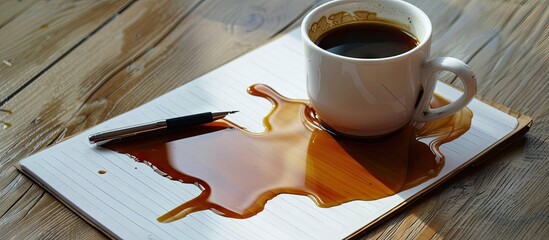 Sticker - A spilled coffee cup next to an empty notepad with a pen creating a conceptual copy space image