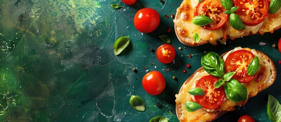 Poster - Top down view of cheesy toast with tomatoes and basil on a green backdrop with room for text in the image. Creative banner. Copyspace image