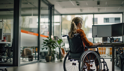 A woman in a wheelchair is sitting at a desk with a computer