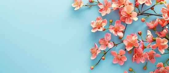 Poster - Floral spring blooms set against a serene blue backdrop with space for adding images. Creative banner. Copyspace image