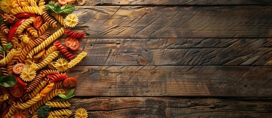 Aufkleber - Top view of various pasta types with vegetables on a rustic wooden surface providing free copy space image