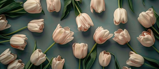 Aufkleber - Vintage style top view of numerous pale pink tulips with a copy space image