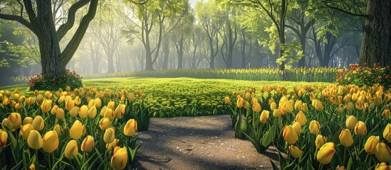 Aufkleber - Sunny park scene with vibrant yellow tulips ideal as a copy space image
