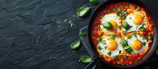 Aufkleber - Top view of a sizzling Shakshuka in a frying pan set against a dark background with ample copy space image