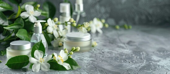 Poster - Closeup of cosmetic products with lovely jasmine flowers on a grey table providing ample copy space image