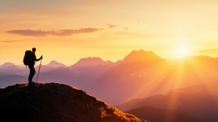 Wall Mural - A lone hiker silhouetted against a majestic mountain range bathed in golden sunset light.