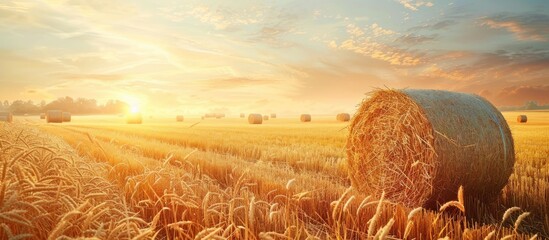 Poster - Copy space image of a rural field post harvest showcasing straw bales Perfect for agricultural background portraying the essence of summer and autumn harvest