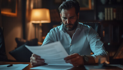 Canvas Print - A man is sitting at a desk with a stack of papers in front of him