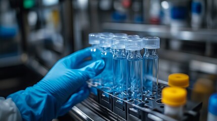 Poster - a researcher in gloves handles a series of testing vials containing biodegradable materials.