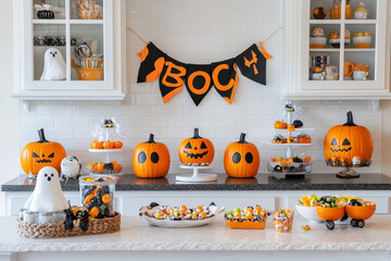 A delightful Halloween kitchen setup featuring pumpkin-shaped cookie jars, ghost-themed dish towels, candy-filled bowls, and a banner reading 'Boo' in playful, colorful letters