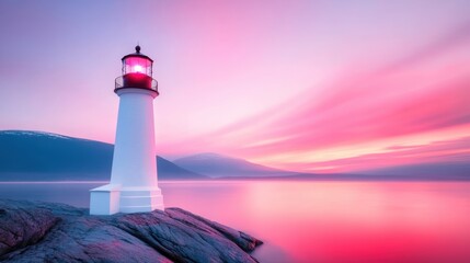 A picturesque lighthouse standing tall on a rocky headland with a dramatic sunset over the ocean.