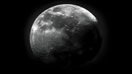 A close-up of the moon with craters and surface details visible in black and white.