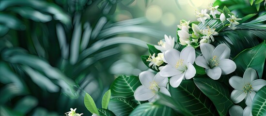 Poster - Floral arrangement featuring white blossoms and lush green foliage in a serene setting with copy space image