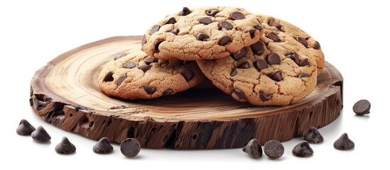 Aufkleber - Sweet cookies with chocolate chips displayed on a wooden board set against a white background creating a visually appealing copy space image