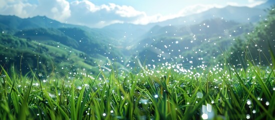 Aufkleber - Mountain landscape with green grass background sparkling water droplets and a blue sky creating a serene copy space image