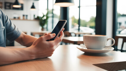 Young man hand Holding, Using smart phone mobile in coffee shop, Using technology for connectivity and financial transactions in everyday life