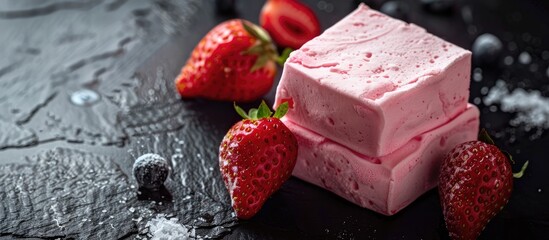 Aufkleber - High quality close up image of pink dessert marshmallow with strawberries on a black background featuring ample copy space