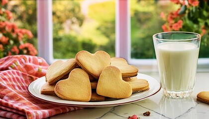 A plate of homemade heart-shaped cookies next to a glass of milk, placed on a kitchen counte