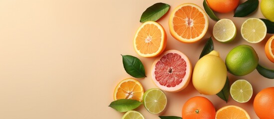 Poster - A trendy food concept featuring summer citrus fruits like orange tangerine lemon and lime on a pastel beige background with copy space image ideal for creative displays