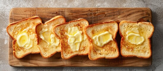 Aufkleber - Top down view of buttered toast slices on a wooden surface against a gray backdrop ample copy space image available