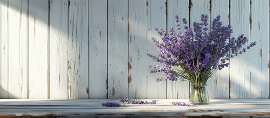 Poster - Lavender flowers in a bouquet against a white old wooden backdrop with dry sprigs on a table in a wooden setting with copy space image