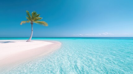 Wall Mural - A pristine tropical beach with white sand, crystal clear turquoise water, and swaying palm trees.