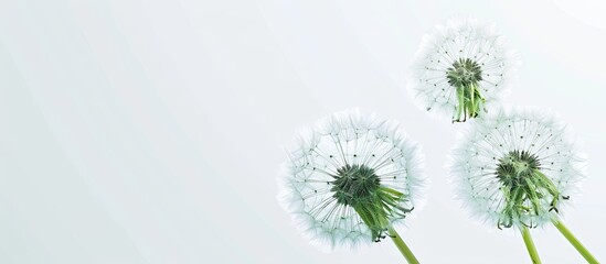 Close up of two green dandelions against a white backdrop capturing the essence of freedom and fragility making an abstract floral image with copy space