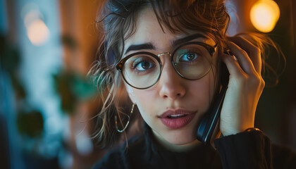 Poster - A woman is talking on a cell phone while sitting at a table