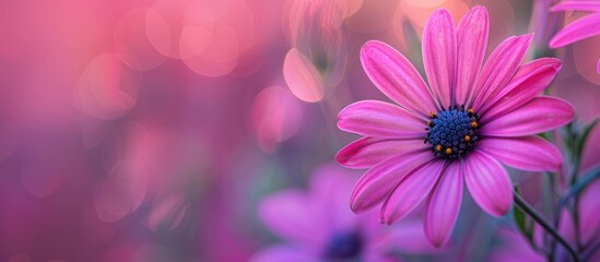 Wall Mural - Focus on a pink flower up close with a blurred background offering ample space for a copy space image