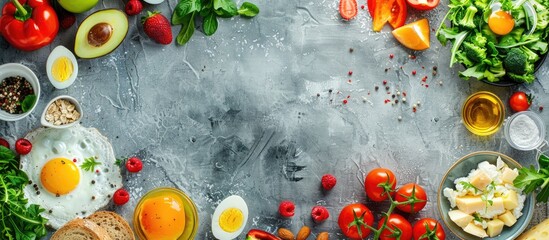 Wall Mural - Flat lay composition of a breakfast spread including fruits salad egg bread vegetables cheese and berries with a spacious area for additional text or graphics