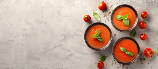 Poster - Top view of summer tomato gazpacho soup served in bowls on a light stone background with copy space image promoting a healthy food concept
