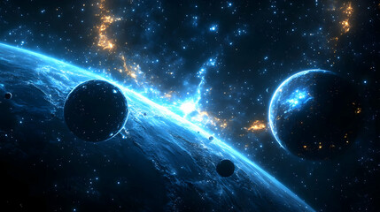 Wall Mural - A close-up view of a planet with glowing blue light and a distant galaxy in the background.