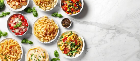 Poster - A selection of pasta dishes adorned with fresh ingredients beautifully presented on a clean white marble surface with a clear area for text or graphics known as a copy space image