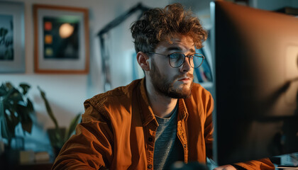 Wall Mural - A young man is sitting at a desk with two computer monitors in front of him