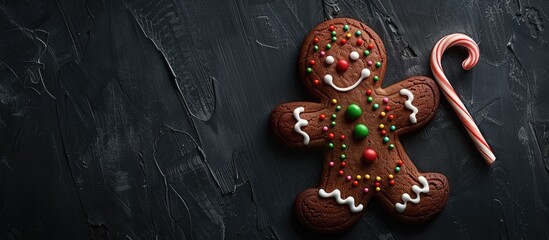 Fototapete - A chocolate coated gingerbread man cookie with a cane and colorful icing on a dark background viewed from the top with space for text or image. Creative banner. Copyspace image