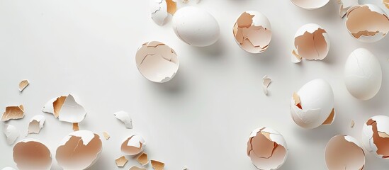 Poster - Cracked eggshells on a white backdrop with copy space image