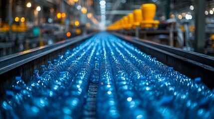 Poster - a conveyor belt carries blue plastic containers through an industrial manufacturing facility.