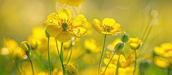 Poster - Close up of wild yellow summer flowers in a green field with copy space image