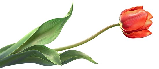 Canvas Print - A red tulip bloom with green leaves on a white background for a copy space image