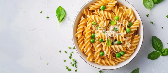 Aufkleber - A bowl of tasty pasta with green peas and cheese on a white backdrop from a bird s eye view providing ample room for text alongside the image