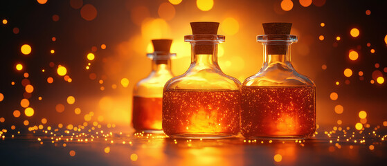 Three elegant glass bottles filled with glowing amber liquid, surrounded by enchanting bokeh light, perfect for mystical themes.