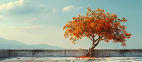 Poster - Marigold tree on a rooftop with orange flowers provides a captivating copy space image