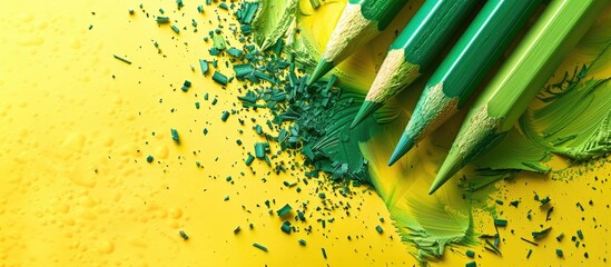 Poster - Close up of green pencils and shavings on a yellow background with copy space image