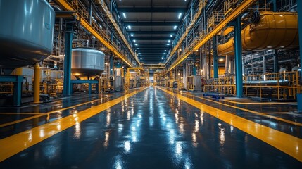 Poster - The interior of a manufacturing facility showcases energy-efficient machinery and bright lighting on a clear afternoon.