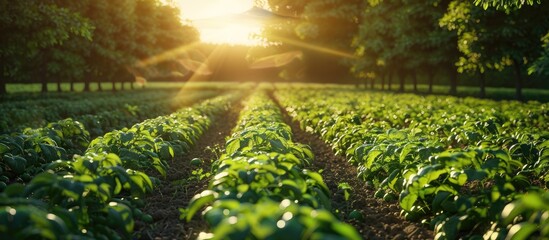 Poster - Lush green trees surrounding a blooming potato field in the countryside perfect for copy space image