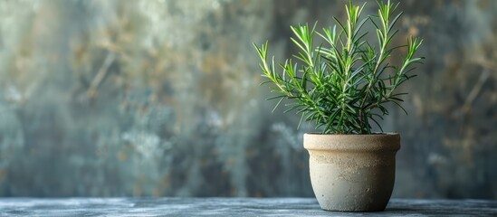 Poster - Aromatic herb a rosemary plant in a pot on a textured grey table with copy space image