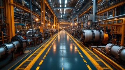 Poster - A manufacturing facility features advanced machinery along a wide industrial corridor lit by warm overhead lights.