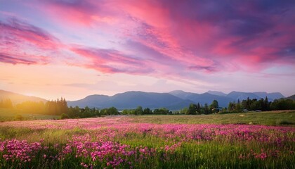 Wall Mural - beautiful meadow landscape with pink sky