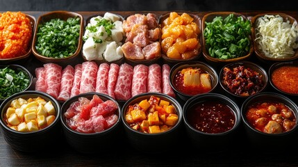 Wall Mural - Chinese hot pot set with meats, vegetables, and dipping sauces